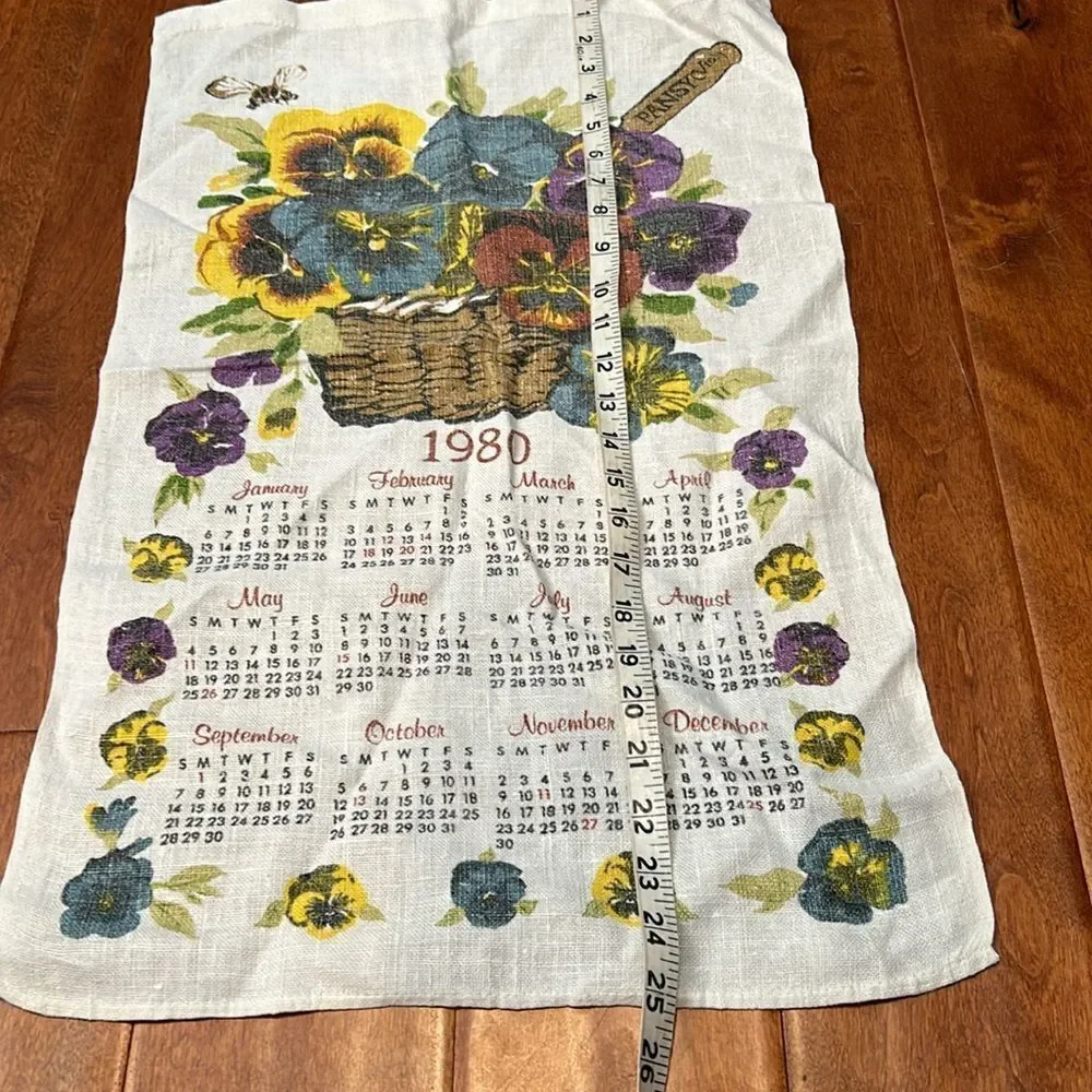 Vintage 1980 calendar with pansies tea towel